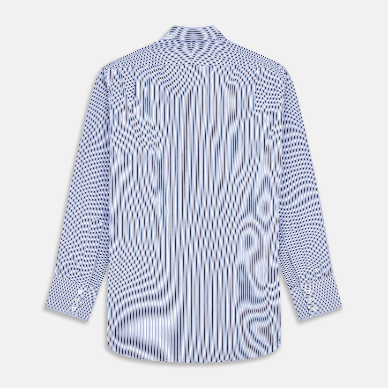 View 5 of product The Blue and Navy Halo Stripe Cotton Regular Fit Mayfair Shirt by Turnbull & Asser features classic styling with vertical stripes, a button-up front, and cuffed sleeves—an essential men's wardrobe piece.