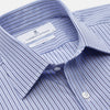 View 3 of product The Blue and Navy Halo Stripe Cotton Regular Fit Mayfair Shirt by Turnbull & Asser features classic styling with vertical stripes, a button-up front, and cuffed sleeves—an essential men's wardrobe piece.