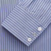 View 2 of product The Blue and Navy Halo Stripe Cotton Regular Fit Mayfair Shirt by Turnbull & Asser features classic styling with vertical stripes, a button-up front, and cuffed sleeves—an essential men's wardrobe piece.