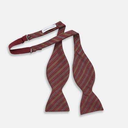 Claret and Green Multi Stripe Silk and Linen Bow Tie Image 2