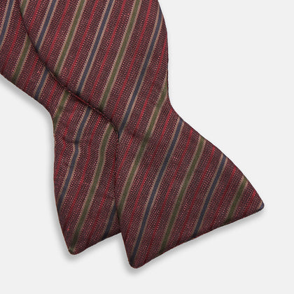 Claret and Green Multi Stripe Silk and Linen Bow Tie Image 1