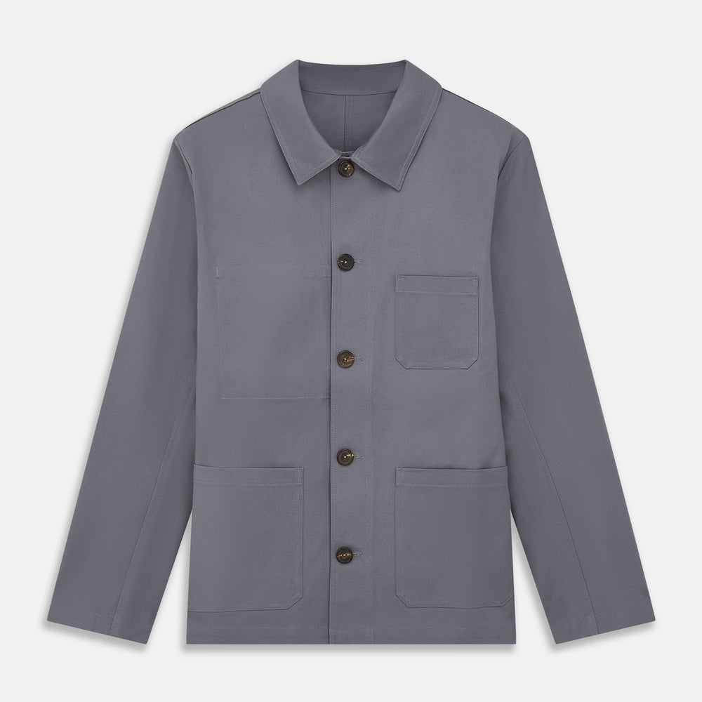 The Turnbull & Asser Charcoal Grey Organic Cotton Blend Remy Chore Jacket features a collar, button-up front, and four front pockets—two chest, two waist—making it a versatile must-have for any men's wardrobe.