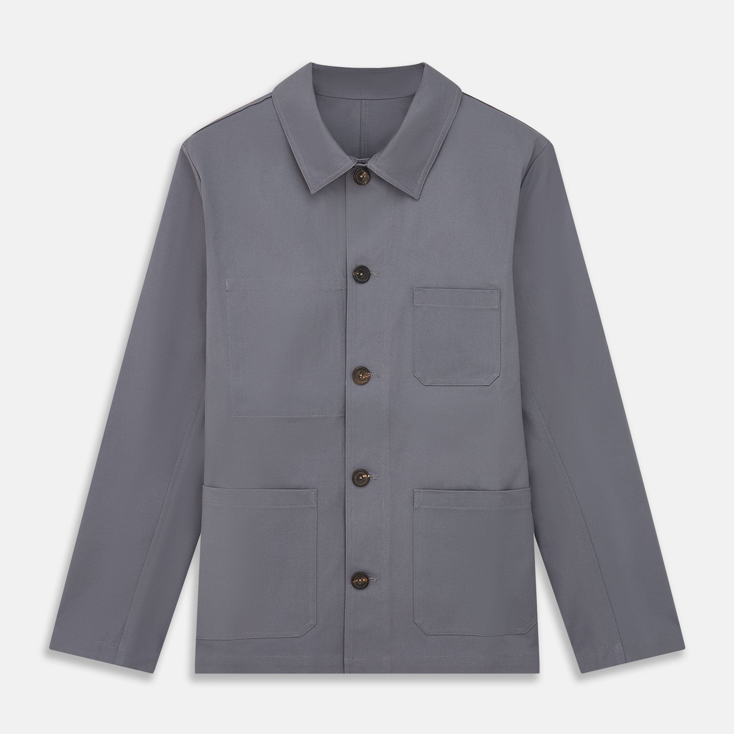 View 1 of product The Turnbull & Asser Charcoal Grey Organic Cotton Blend Remy Chore Jacket features a collar, button-up front, and four front pockets—two chest, two waist—making it a versatile must-have for any men's wardrobe.