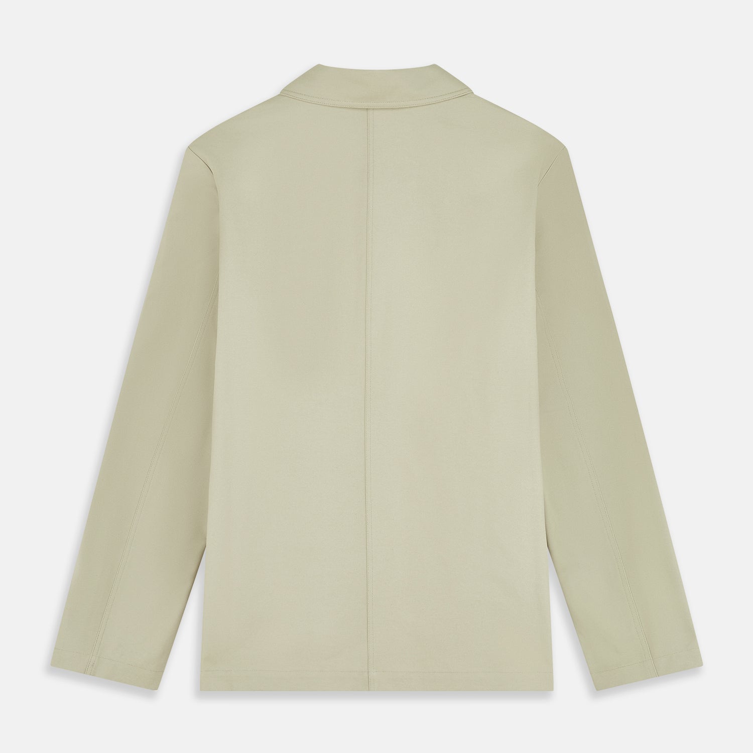 View 4 of product The Turnbull & Asser Tan Organic Cotton Blend Remy Chore Jacket features long sleeves, a collar, button-down front, and three pockets—an essential for any men’s wardrobe. The jacket is shown laid flat on a white background.