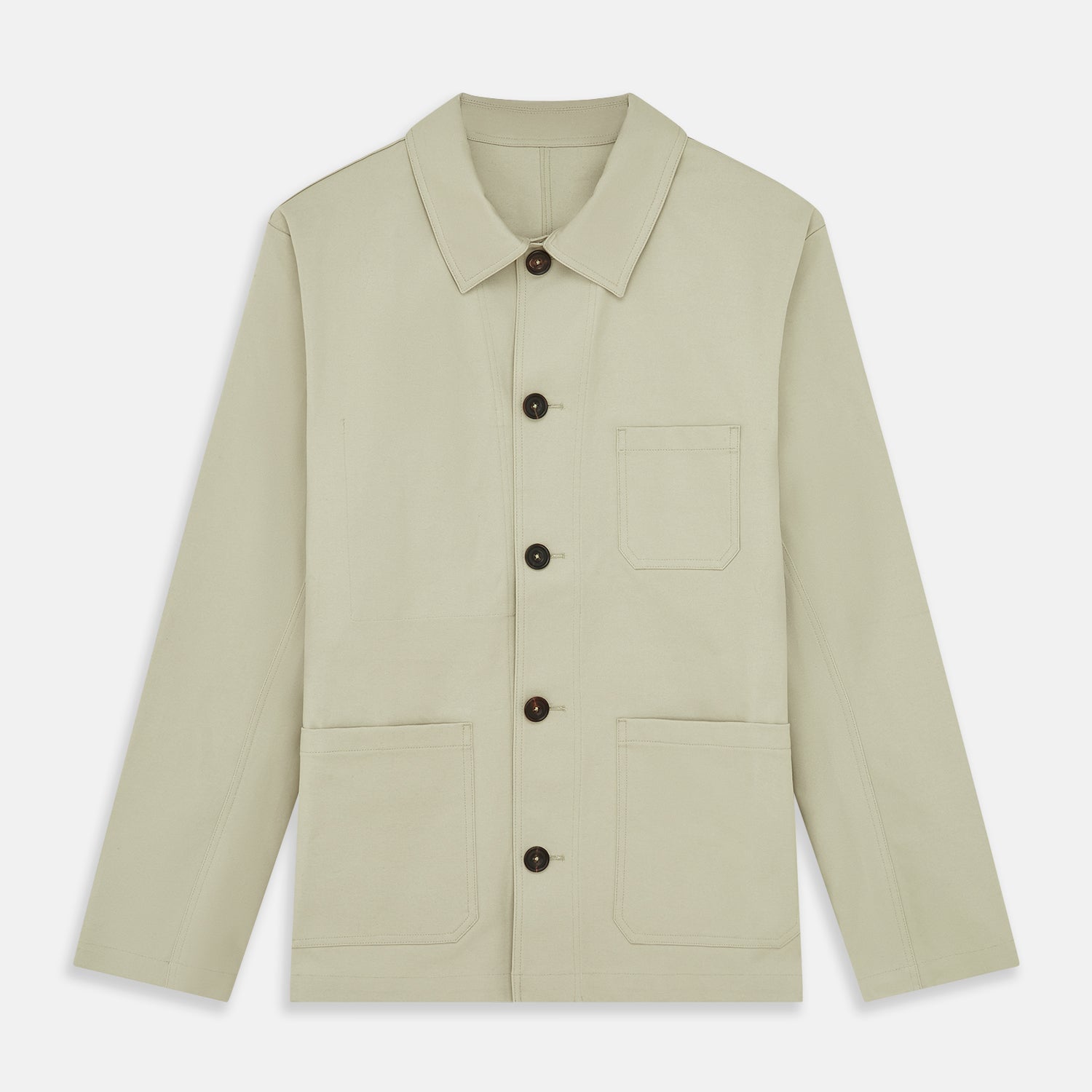 View 1 of product The Turnbull & Asser Tan Organic Cotton Blend Remy Chore Jacket features long sleeves, a collar, button-down front, and three pockets—an essential for any men’s wardrobe. The jacket is shown laid flat on a white background.