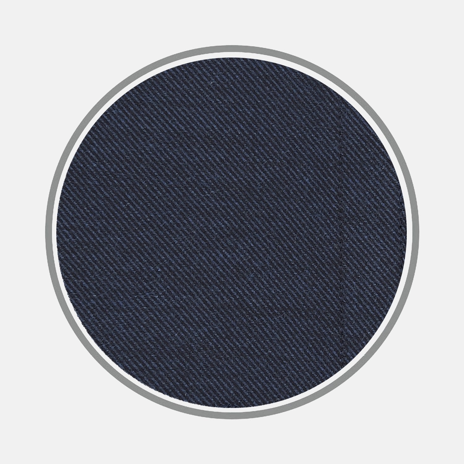 View 1 of product A close-up of Turnbull & Asser’s Navy Cashmere Blend Fabric highlights its dark blue shade and diagonal twill weave, displayed inside a circular frame on a light gray background.