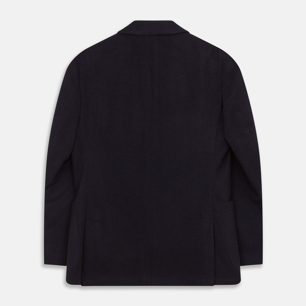 The Turnbull & Asser Navy Cashmere Bern Blazer features a notched lapel, two-button front, three front pockets, and cuff button details. Shown laid flat on a white background.