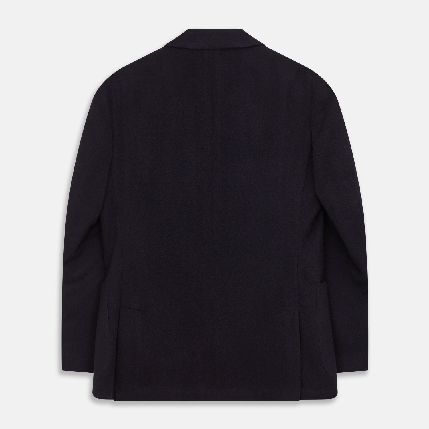 View 4 of product The Turnbull & Asser Navy Cashmere Bern Blazer features a notched lapel, two-button front, three front pockets, and cuff button details. Shown laid flat on a white background.