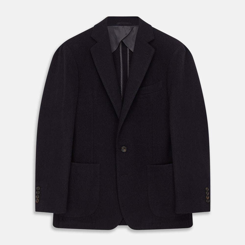 The Turnbull & Asser Navy Cashmere Bern Blazer features a notched lapel, two-button front, three front pockets, and cuff button details. Shown laid flat on a white background.