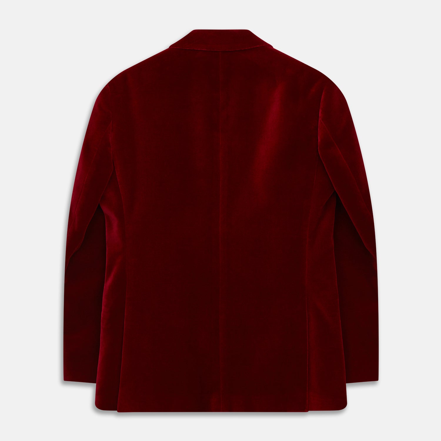 View 4 of product The Turnbull & Asser Wine Velvet Barrington Blazer, tailored in Italy, features a deep red hue, notched lapel, two front buttons, three pockets, and cuff button details. Shown against a plain white background.