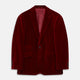 The Turnbull & Asser Wine Velvet Barrington Blazer, tailored in Italy, features a deep red hue, notched lapel, two front buttons, three pockets, and cuff button details. Shown against a plain white background.
