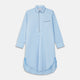 The Turnbull & Asser Light Blue Piped Cotton Nightshirt is a luxurious long-sleeve shirt dress with a pointed collar, black piping on the collar, cuffs, and chest pocket, button front closure, and curved hem.
