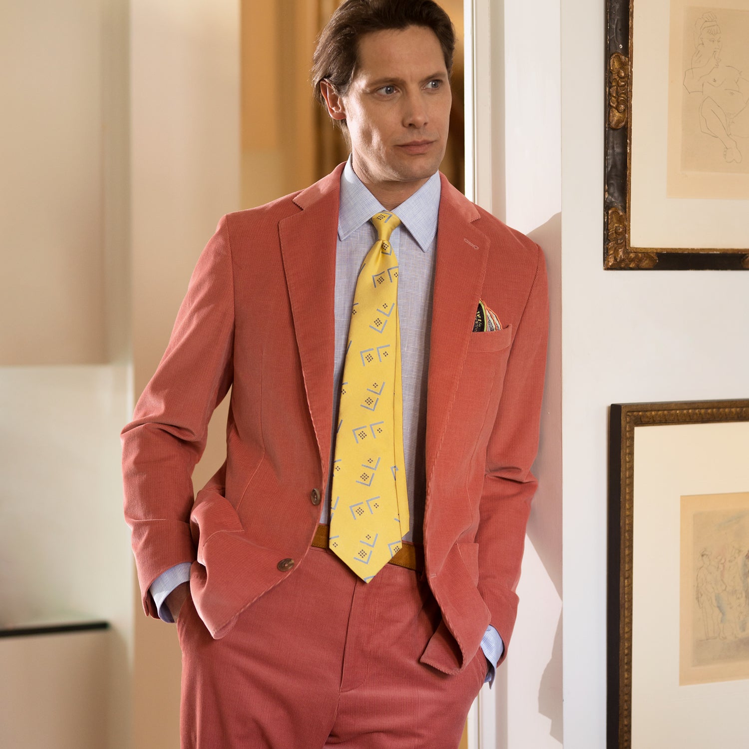 View 4 of product The Turnbull & Asser Pink Cord Bern Blazer features notch lapels, two brown buttons, three front pockets, and buttoned cuffs, showcasing Italian tailoring against a plain white background.