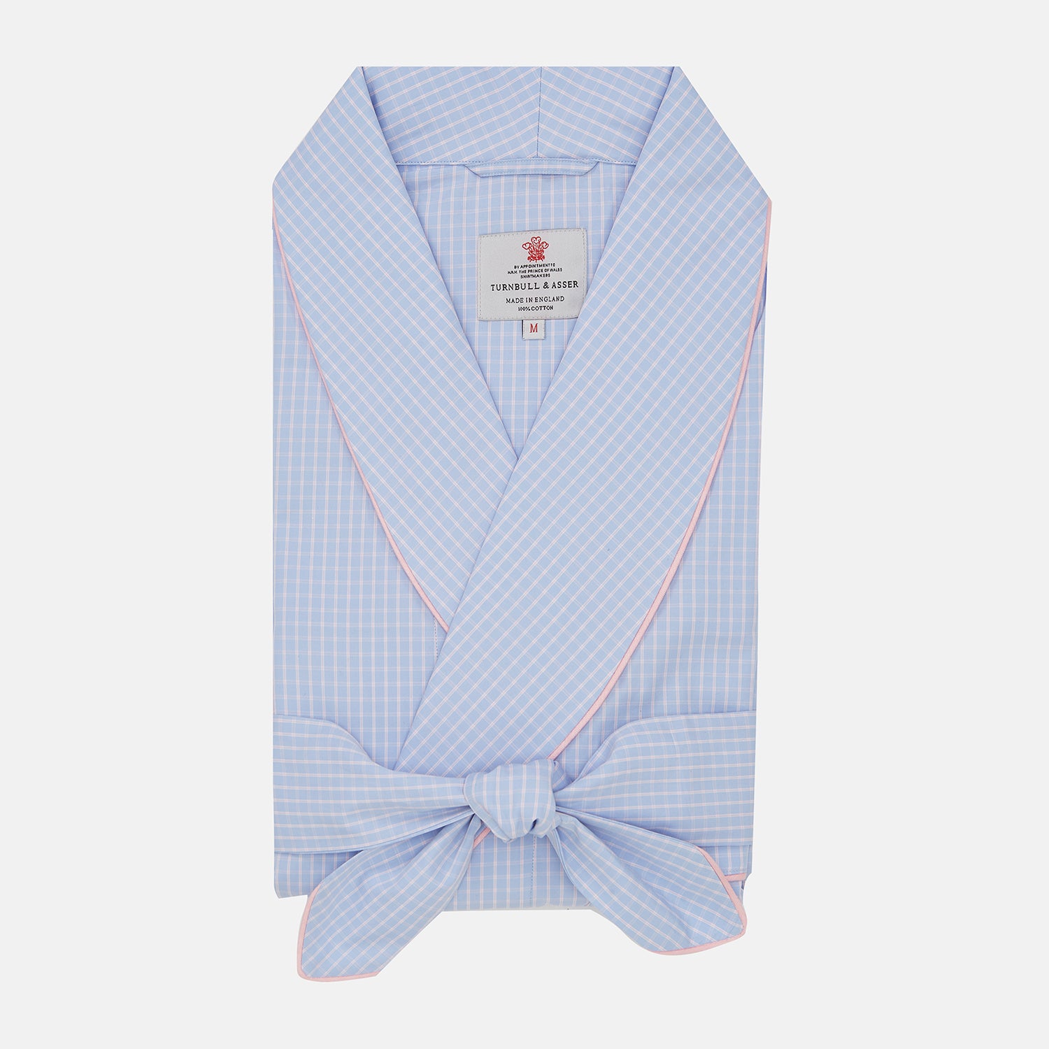 View 1 of product The Turnbull & Asser Blue & Pink Poplin Cotton Check Dressing Gown features a wide collar, pink trim, and a front sash—stylish and compact enough to pack for your next trip.