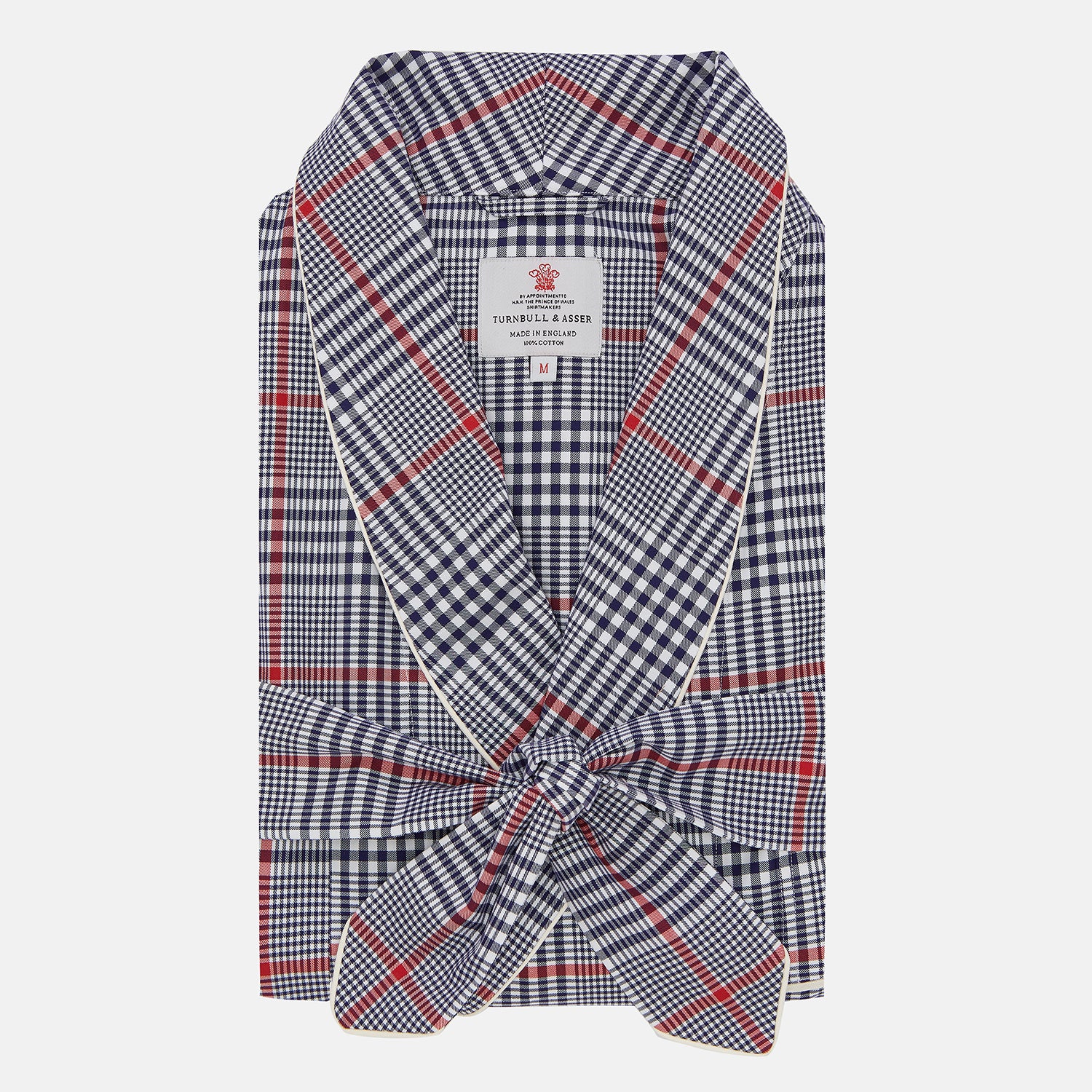 View 1 of product The Navy and Red Archive Check Cotton Dressing Gown by Turnbull & Asser features a shawl collar, tied waist, and classic check pattern. Made in England—ideal for travel.