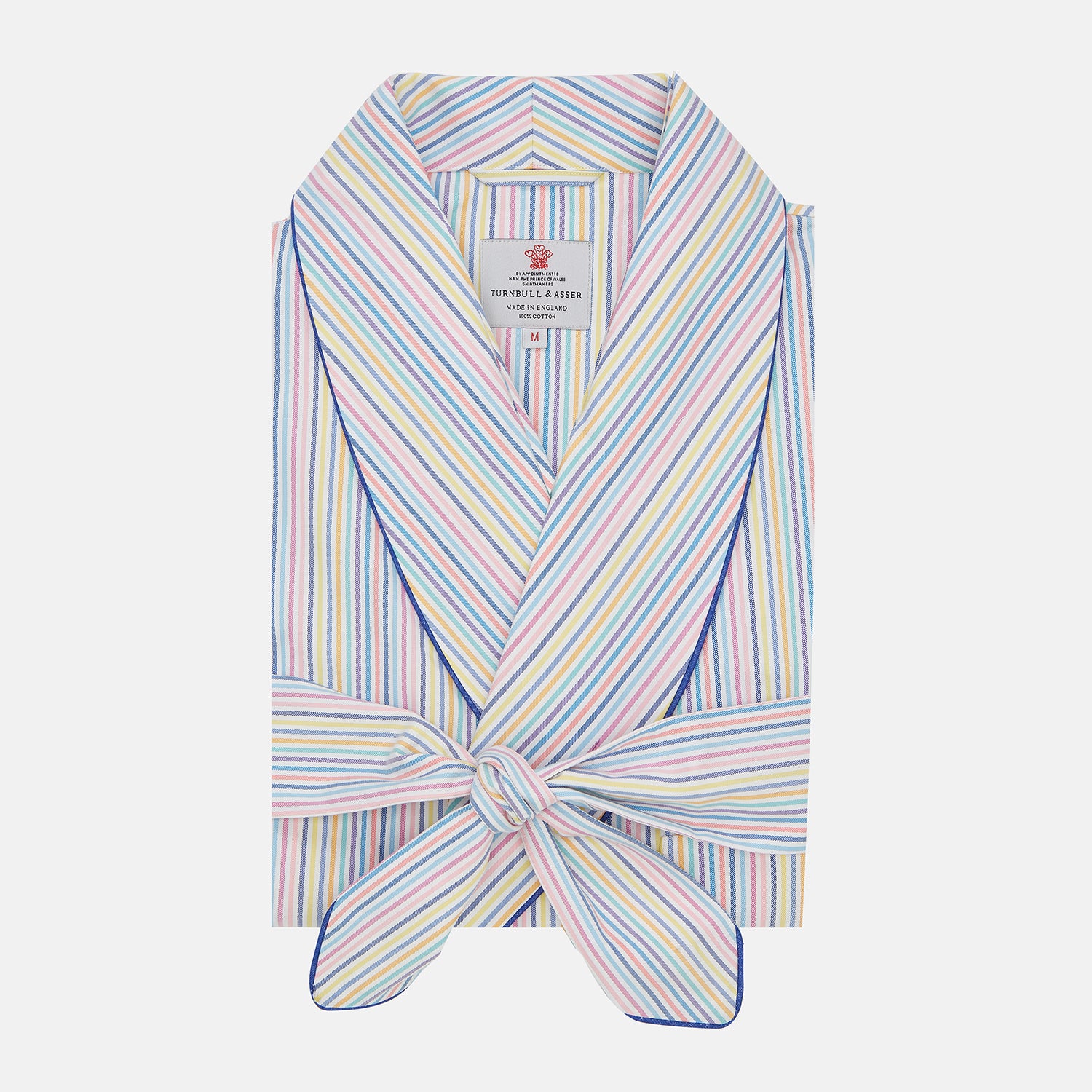 View 1 of product The Turnbull & Asser Multi-coloured Twill Cotton Stripe Dressing Gown features pastel blue, yellow, pink, and white stripes, a shawl collar, and belt—perfect for stylish comfort—shown neatly folded against a plain white background.