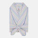 The Turnbull & Asser Multi-coloured Twill Cotton Stripe Dressing Gown features pastel blue, yellow, pink, and white stripes, a shawl collar, and belt—perfect for stylish comfort—shown neatly folded against a plain white background.