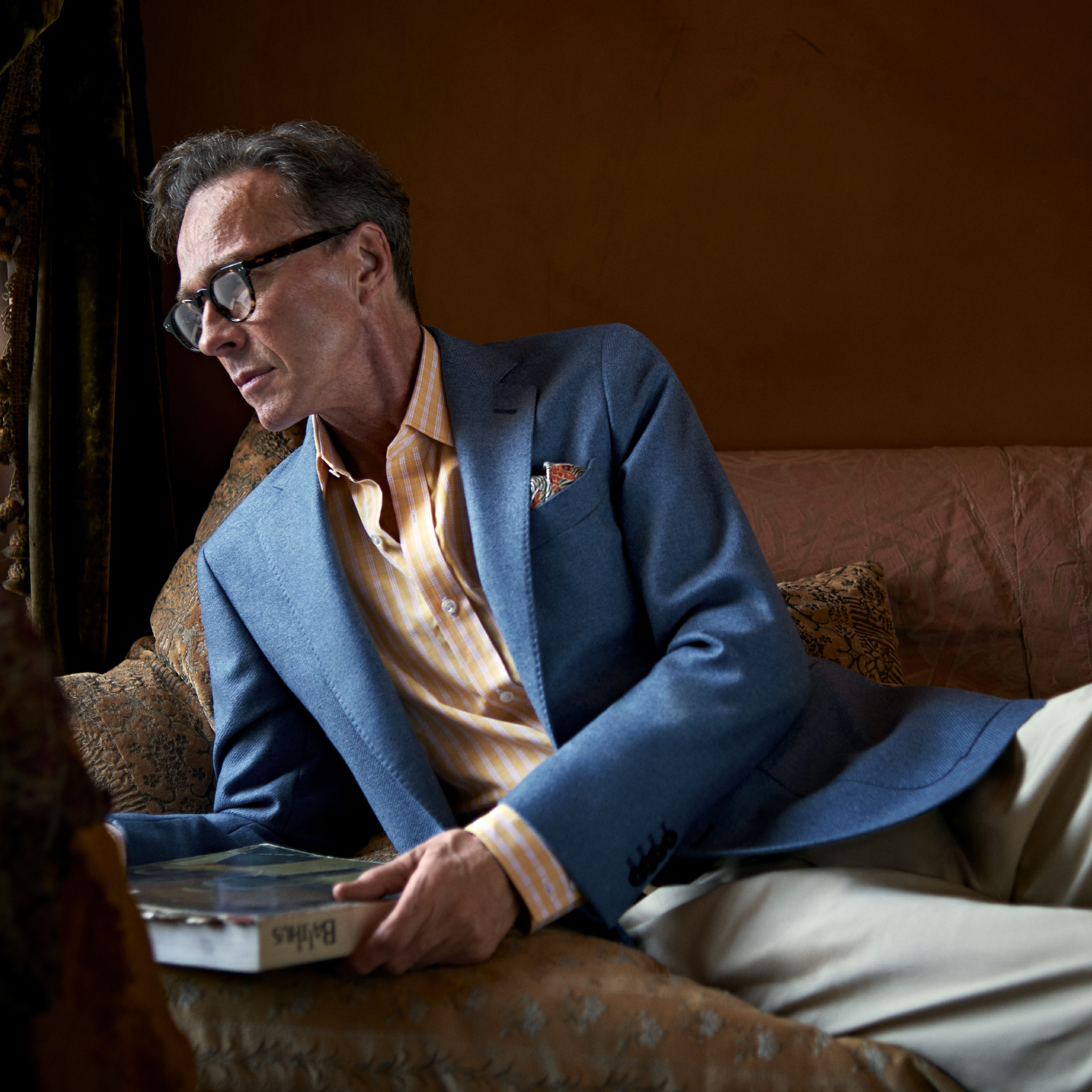 View 2 of product The Sky Blue Wool and Cashmere Jacket by Turnbull & Asser is single-breasted with two large front pockets, a notched lapel, and a single button closure. It is expertly tailored in Italy and displayed against a plain white background.