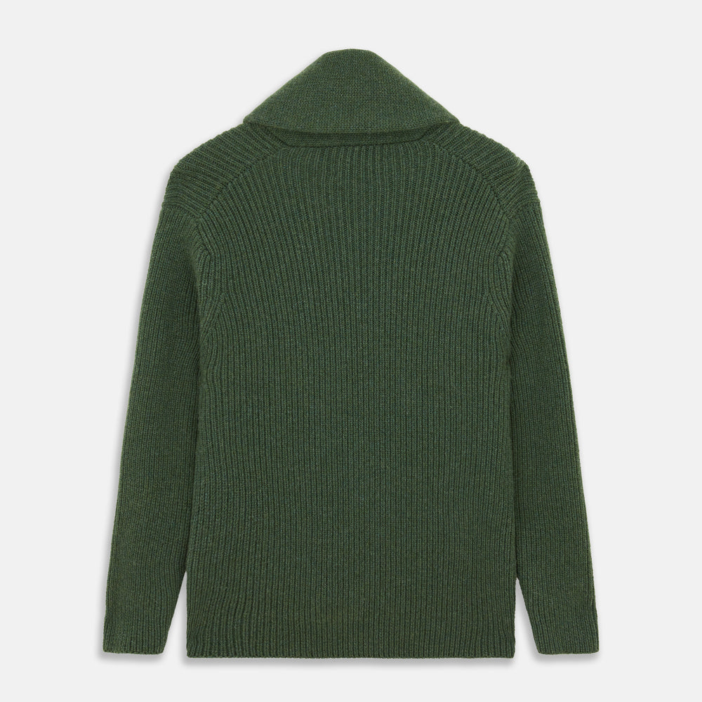 The Turnbull & Asser Serpentine Green Ribbed Cashmere Ainsley Cardigan features a button-up front, two pockets, and a shawl collar, shown laid flat on a white background.