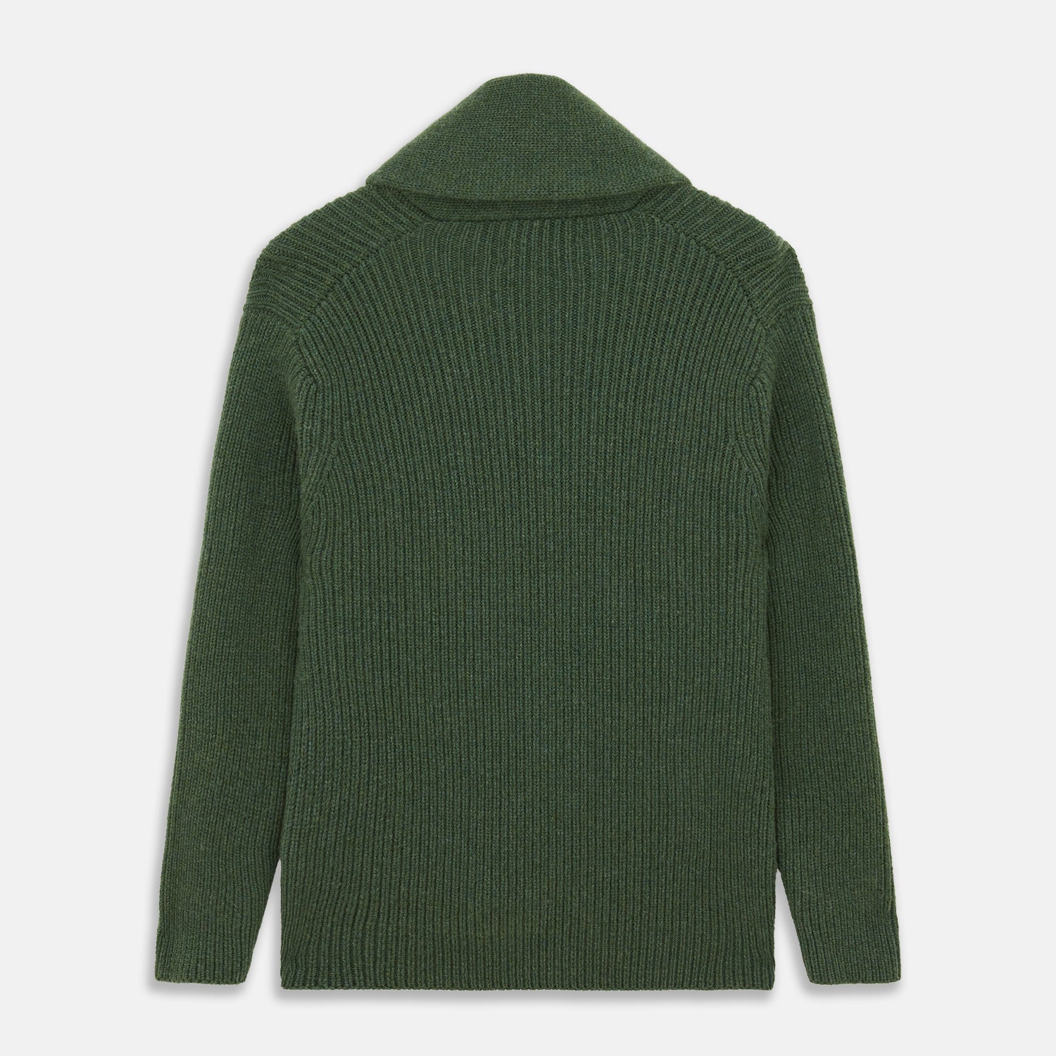 View 3 of product The Turnbull & Asser Serpentine Green Ribbed Cashmere Ainsley Cardigan features a button-up front, two pockets, and a shawl collar, shown laid flat on a white background.
