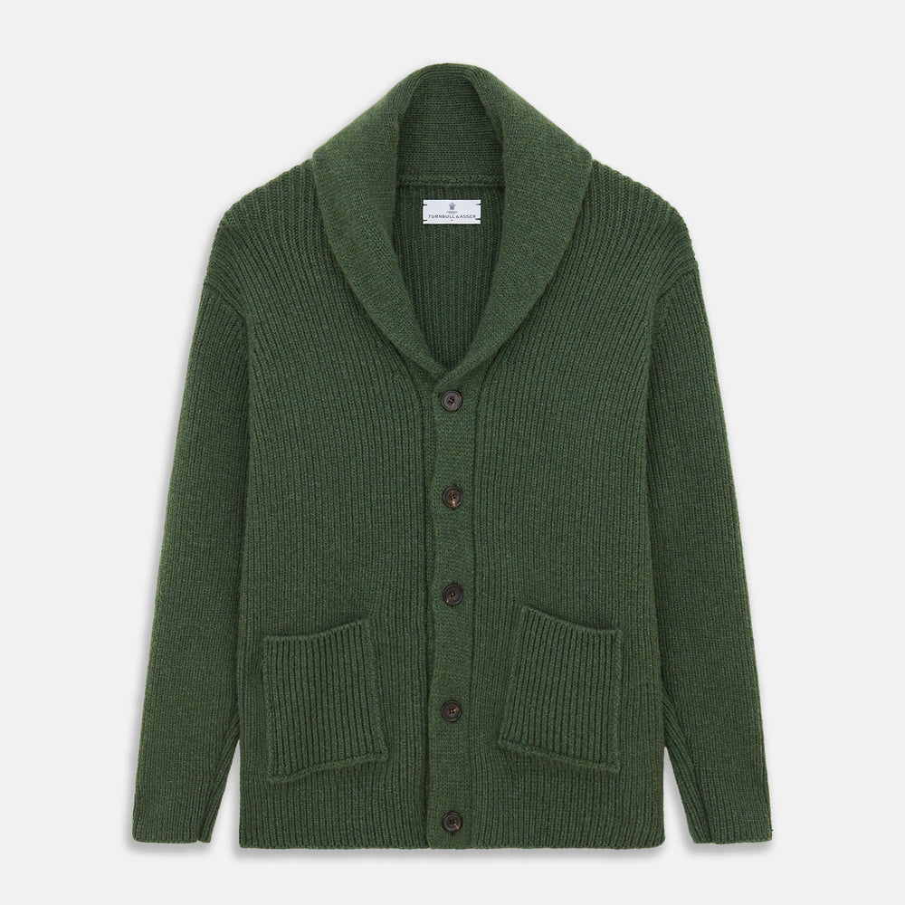 The Turnbull & Asser Serpentine Green Ribbed Cashmere Ainsley Cardigan features a button-up front, two pockets, and a shawl collar, shown laid flat on a white background.
