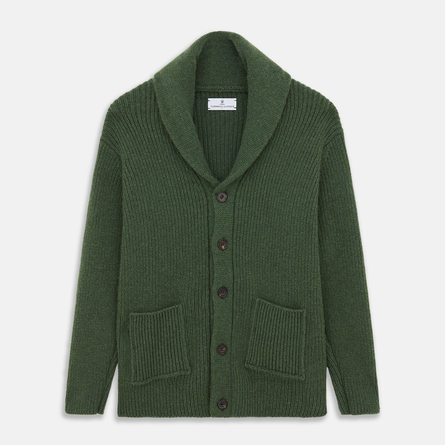 View 1 of product The Turnbull & Asser Serpentine Green Ribbed Cashmere Ainsley Cardigan features a button-up front, two pockets, and a shawl collar, shown laid flat on a white background.