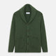 The Turnbull & Asser Serpentine Green Ribbed Cashmere Ainsley Cardigan features a button-up front, two pockets, and a shawl collar, shown laid flat on a white background.