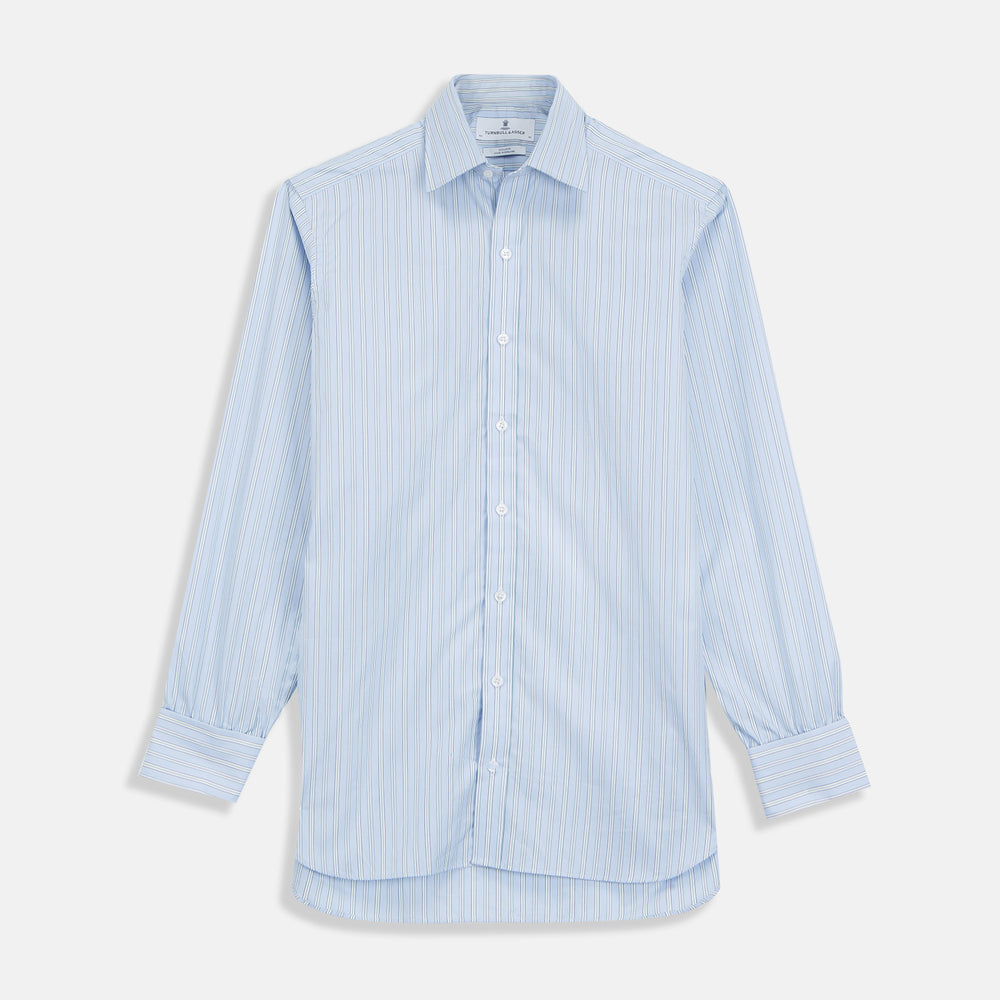 The Turnbull & Asser Blue and White Fine Stripe Shirt features a T&A collar, 3-button cuffs, and a regular fit with long sleeves—ideal for smart-casual looks, displayed against a plain white background.