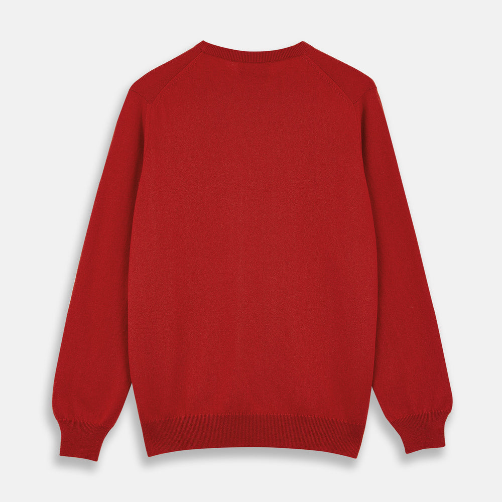 The Turnbull & Asser Red Cashmere Crewneck Jumper features long sleeves, ribbed cuffs and hem, showcasing classic Scottish knitwear elegance. Displayed on a white background.
