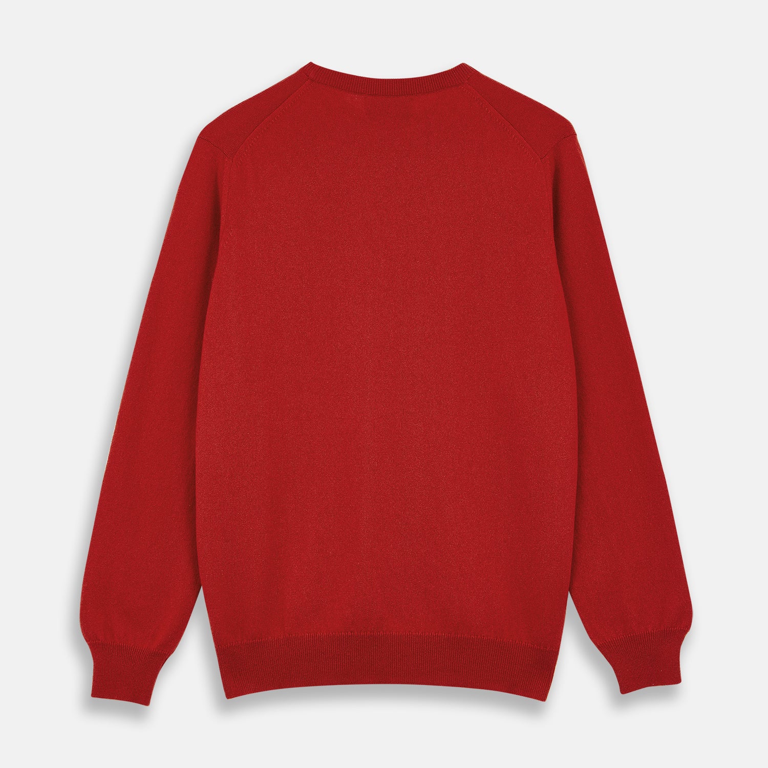 View 3 of product The Turnbull & Asser Red Cashmere Crewneck Jumper features long sleeves, ribbed cuffs and hem, showcasing classic Scottish knitwear elegance. Displayed on a white background.