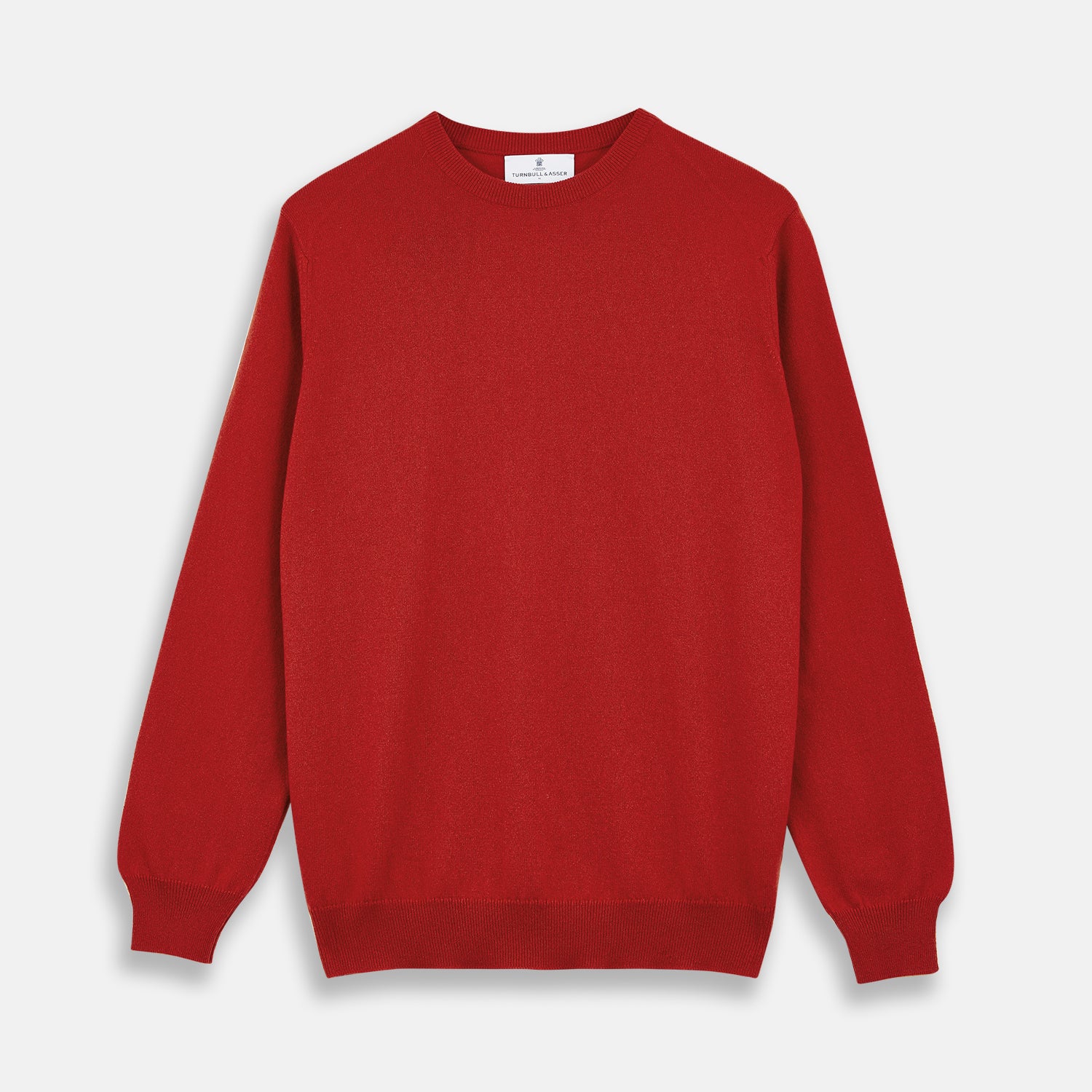 View 1 of product The Turnbull & Asser Red Cashmere Crewneck Jumper features long sleeves, ribbed cuffs and hem, showcasing classic Scottish knitwear elegance. Displayed on a white background.