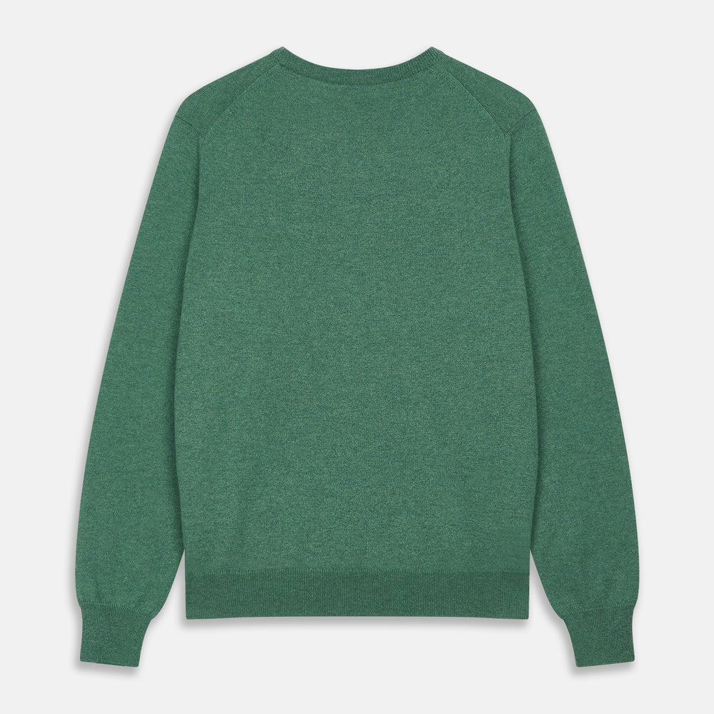 The Turnbull & Asser Green Cashmere Crewneck Jumper features long sleeves, ribbed cuffs, and a ribbed hem, shown laid flat on a white background.