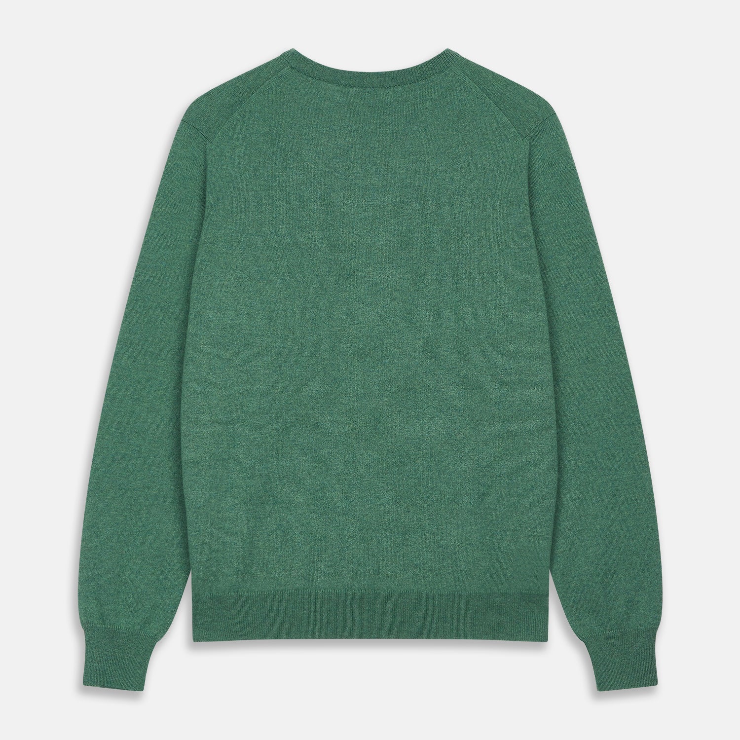 View 3 of product The Turnbull & Asser Green Cashmere Crewneck Jumper features long sleeves, ribbed cuffs, and a ribbed hem, shown laid flat on a white background.