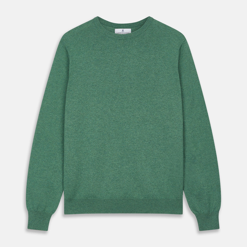 The Turnbull & Asser Green Cashmere Crewneck Jumper features long sleeves, ribbed cuffs, and a ribbed hem, shown laid flat on a white background.