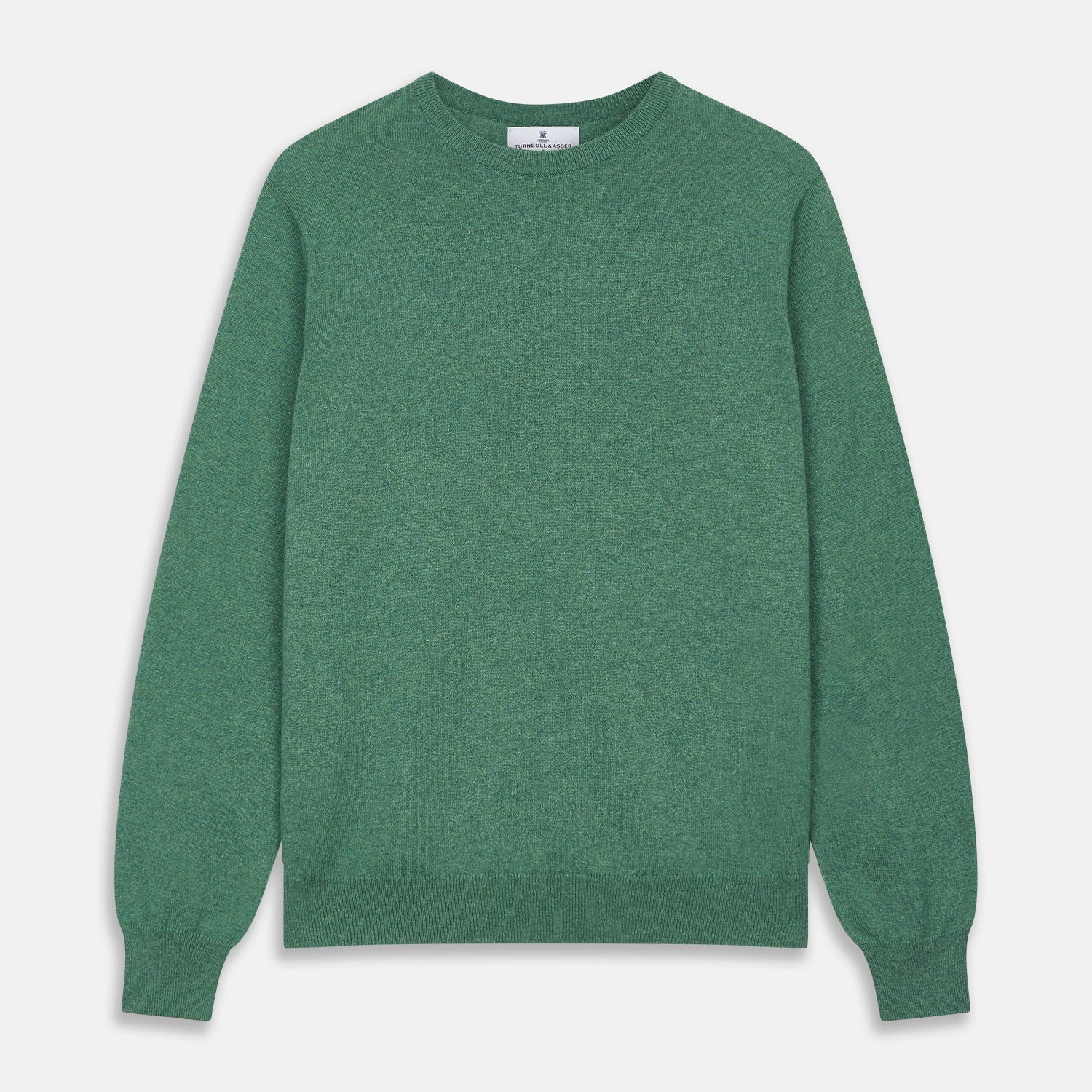 View 1 of product The Turnbull & Asser Green Cashmere Crewneck Jumper features long sleeves, ribbed cuffs, and a ribbed hem, shown laid flat on a white background.