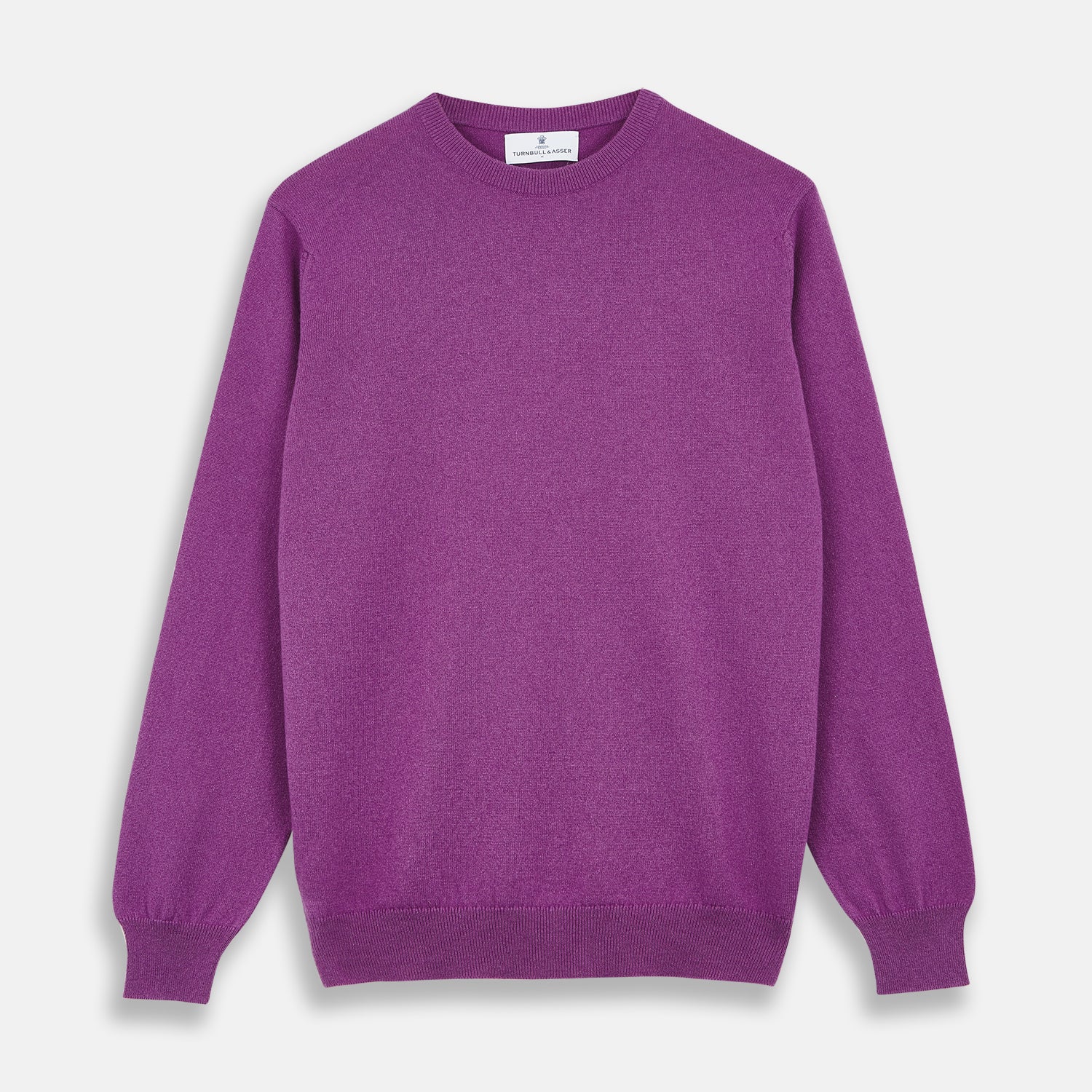 View 1 of product The Turnbull & Asser Magenta Cashmere Crewneck Jumper, featuring ribbed cuffs, hem, and collar, is shown against a plain white background.