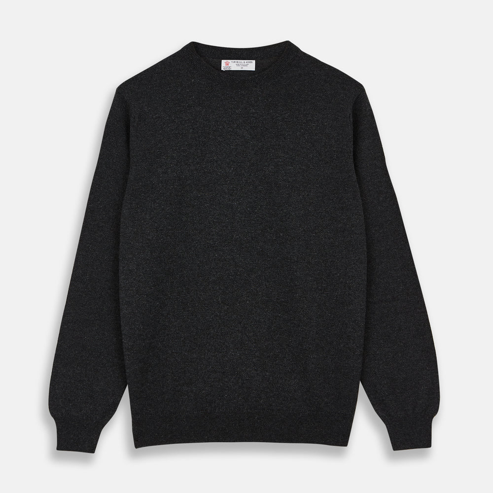 The Charcoal Crew Neck Cashmere Jumper by Turnbull & Asser is a luxury, long-sleeved sweater crafted from Scottish cashmere and shown on a white background.