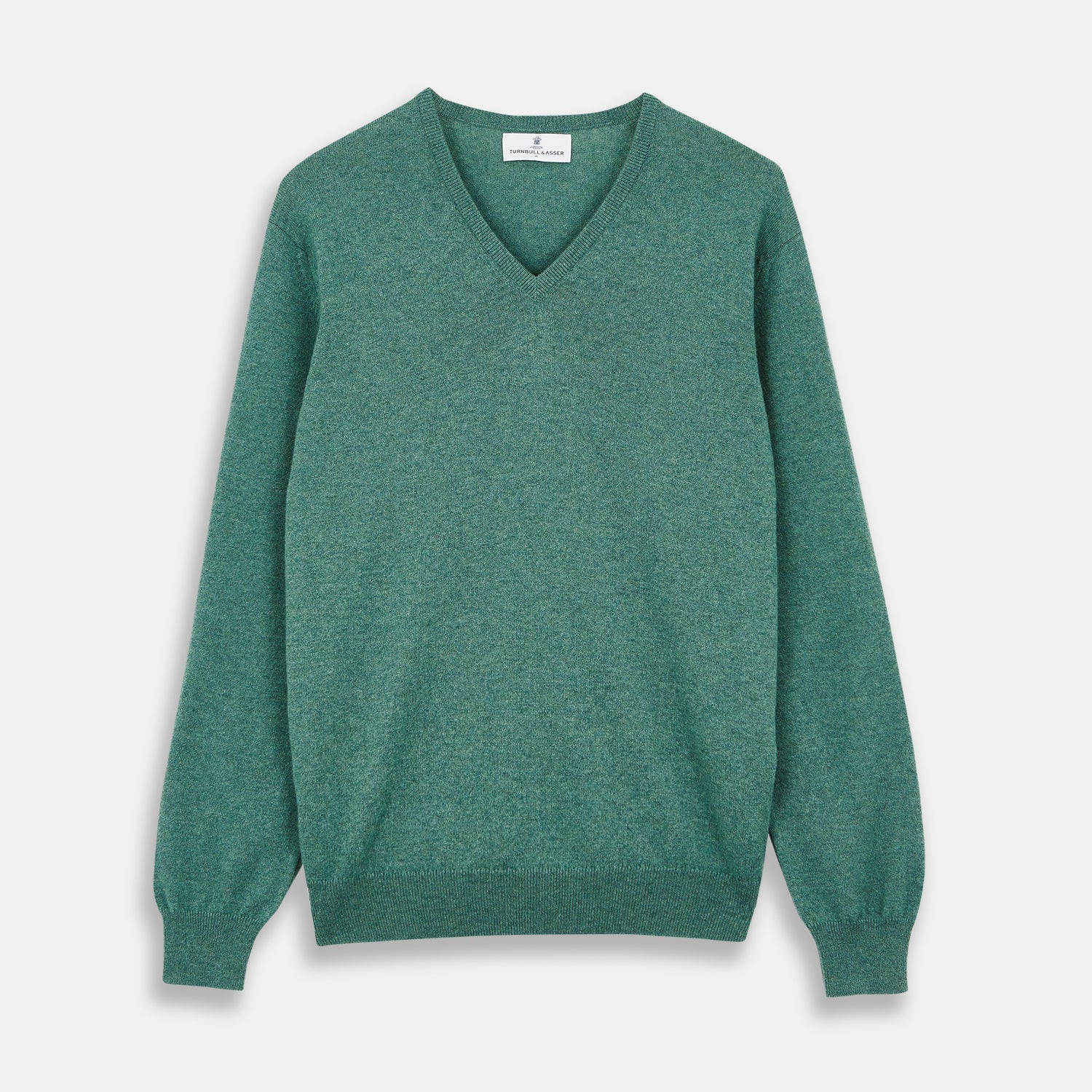 View 1 of product The Turnbull & Asser Green Cashmere V-Neck Jumper features long sleeves, ribbed cuffs and hem, and is styled in classic Scottish knitwear, shown flat against a white background.