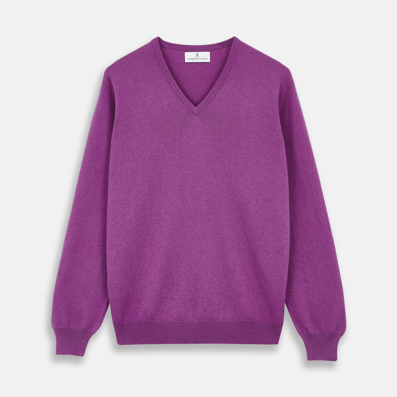 View 1 of product The Turnbull & Asser Magenta Cashmere V-Neck Jumper features long sleeves, ribbed cuffs, and a ribbed hem, shown against a plain white background.