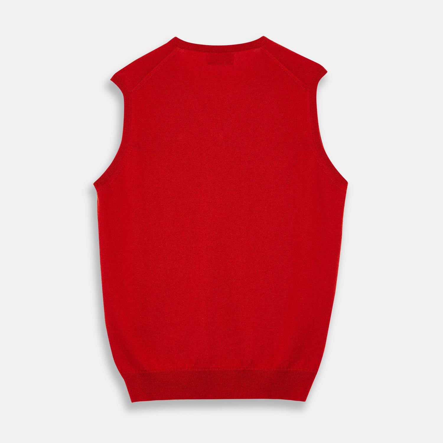 View 3 of product The Red Cashmere Slipover by Turnbull & Asser is a sleeveless, V-neck vest in pure cashmere, shown flat on a white background—an ideal lightweight layer for any season.
