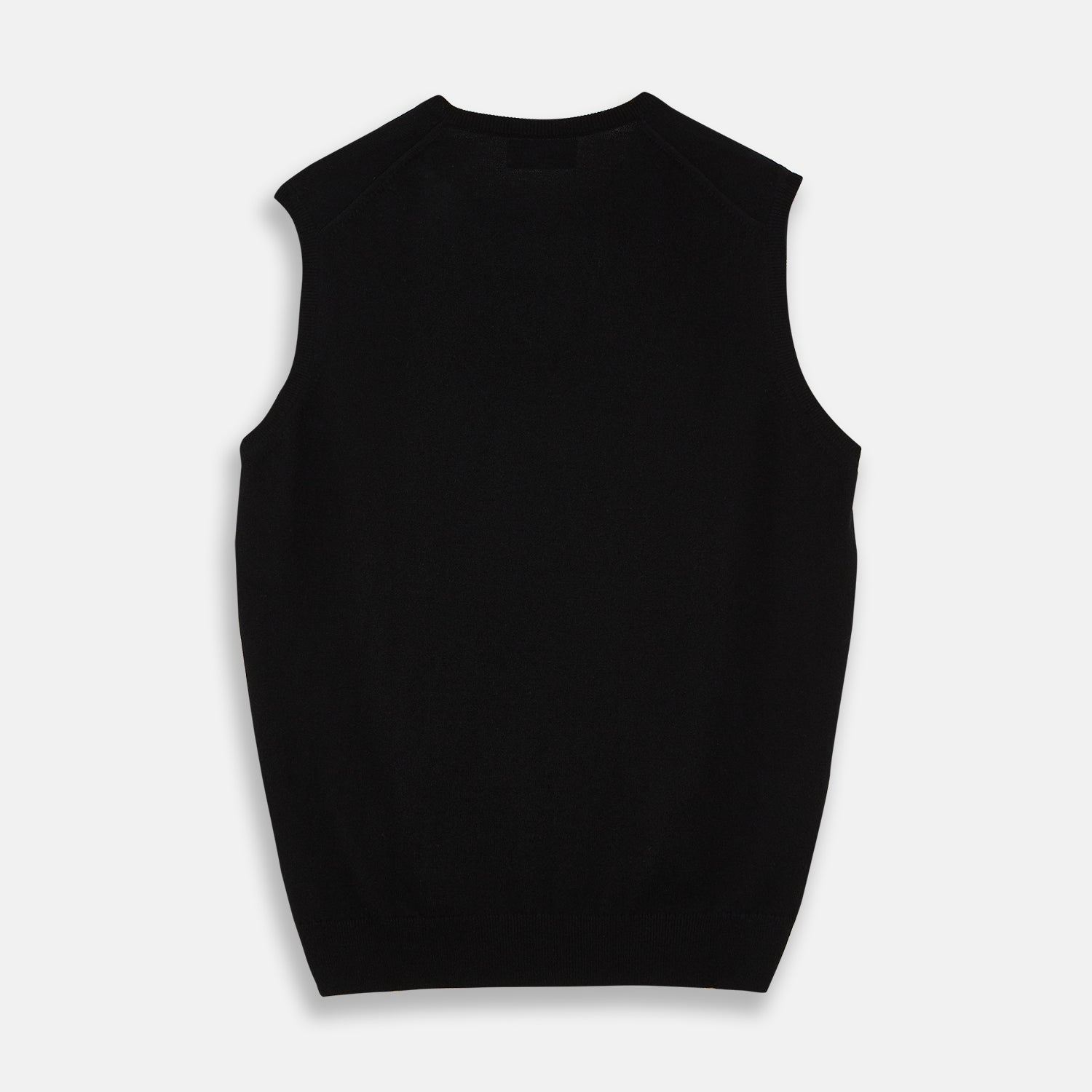 View 3 of product The Turnbull & Asser Black Cashmere Slipover, a sleeveless V-neck sweater vest made from pure cashmere, is shown flat against a white background.