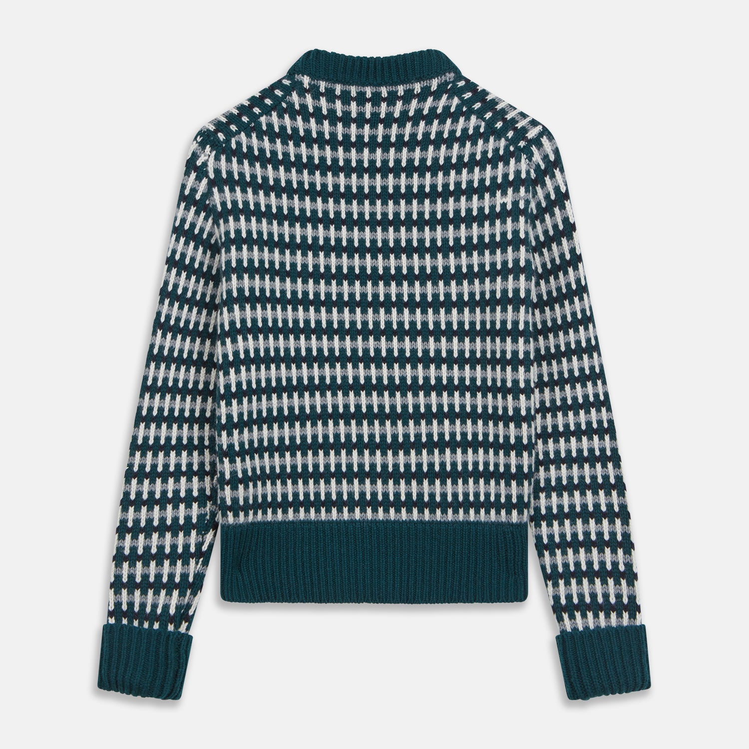 View 5 of product The Holly Green Knitted Cashmere Crewneck Jumper by Turnbull & Asser features a ribbed neckline, cuffs, and hem—a timeless investment piece for fans of signature knits.