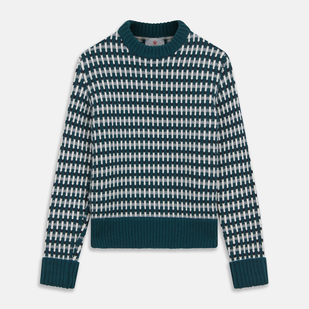 The Holly Green Knitted Cashmere Crewneck Jumper by Turnbull & Asser features a ribbed neckline, cuffs, and hem—a timeless investment piece for fans of signature knits.