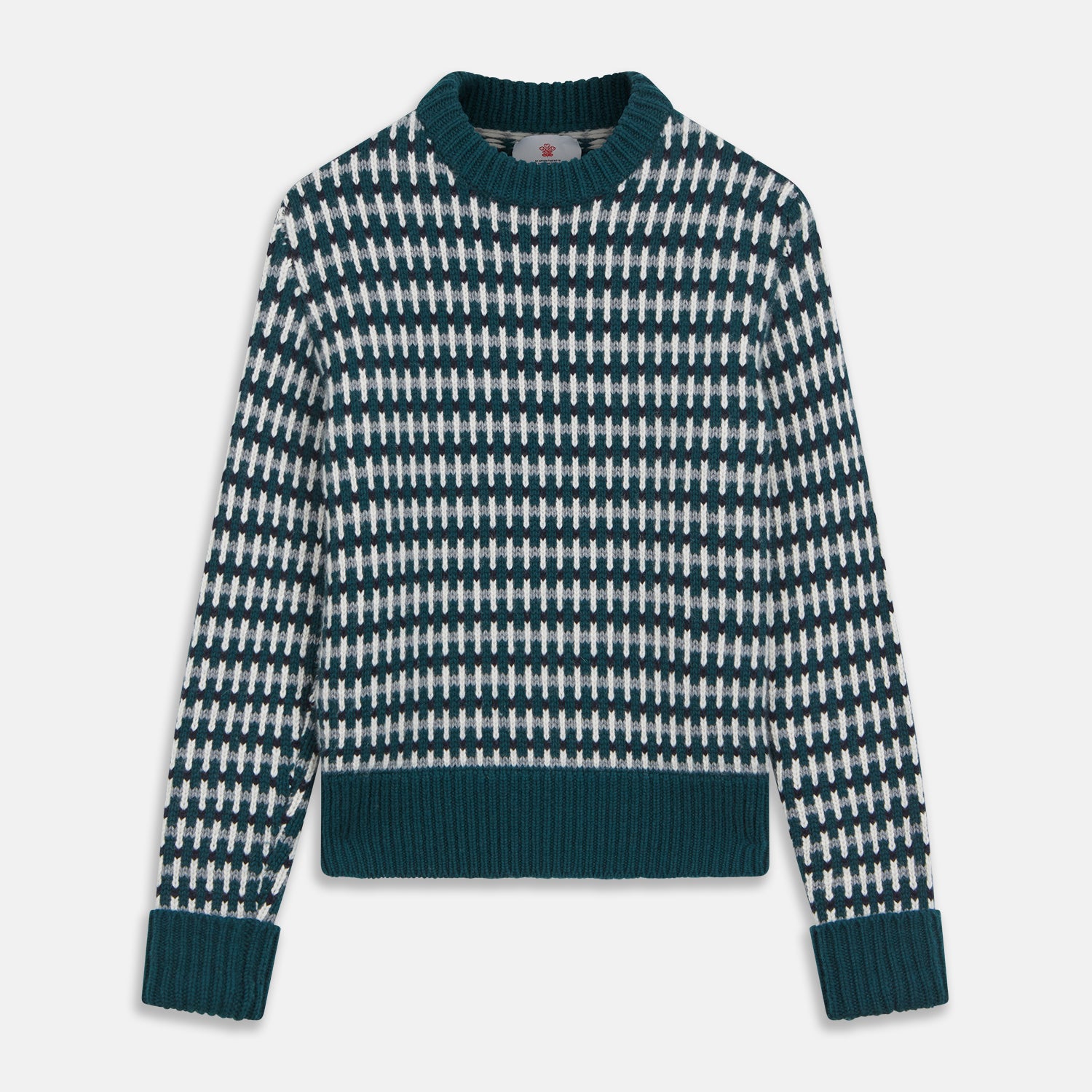 View 1 of product The Holly Green Knitted Cashmere Crewneck Jumper by Turnbull & Asser features a ribbed neckline, cuffs, and hem—a timeless investment piece for fans of signature knits.