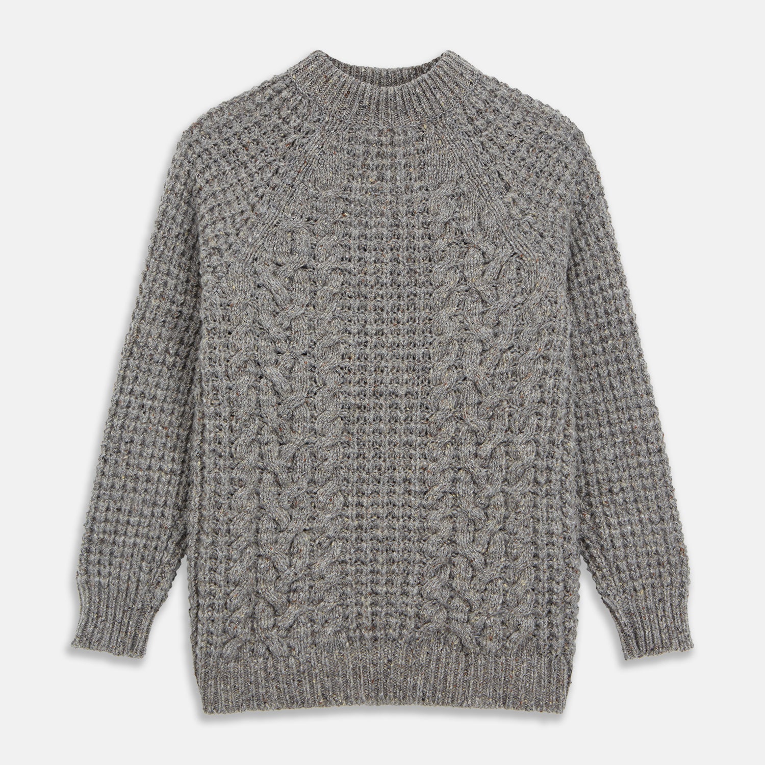 View 1 of product The Turnbull & Asser Merino Knitted Raglan Sleeve Crewneck Jumper in gray features intricate front and sleeve knit patterns, a high neckline, and long sleeves—an essential piece of men’s knitwear. Laid flat on a white background.