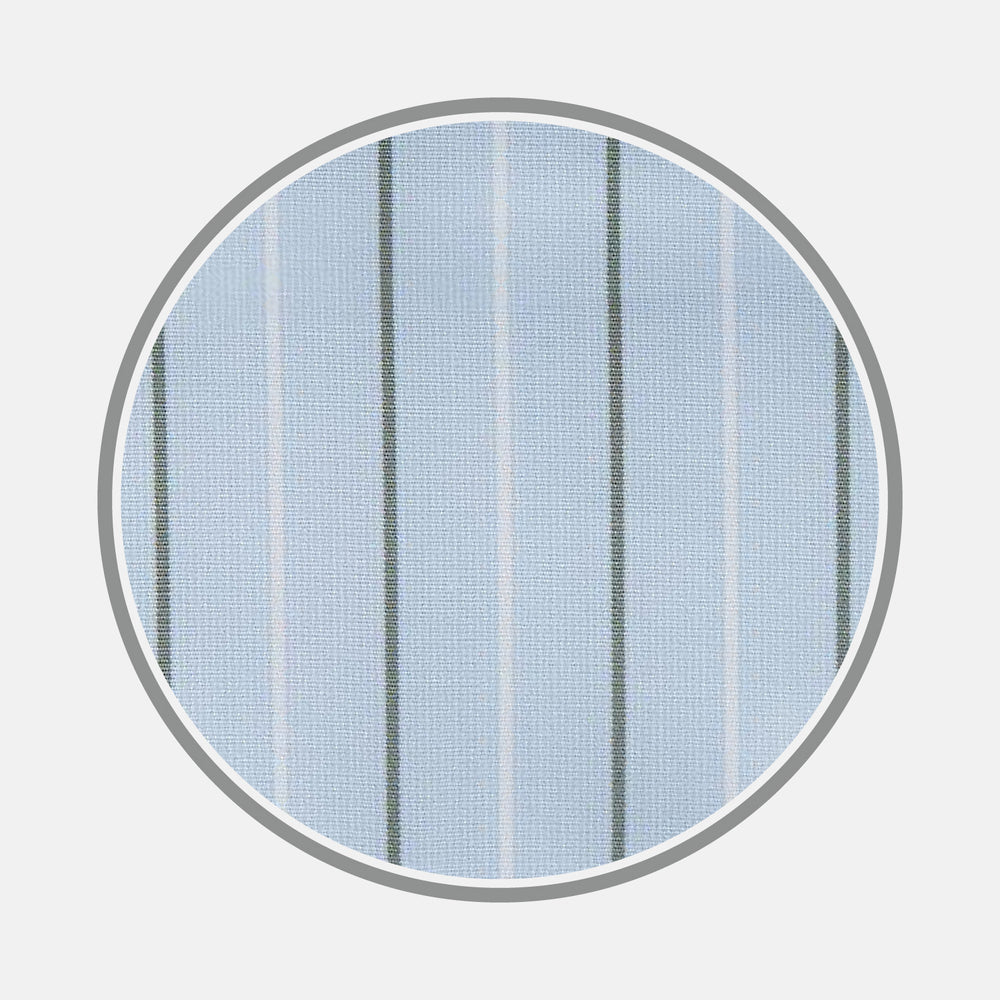 A close-up of Turnbull & Asser’s Green Stripe Cotton Fabric shows light blue material with evenly spaced white and dark gray vertical stripes, presented in a circular frame against a plain background.