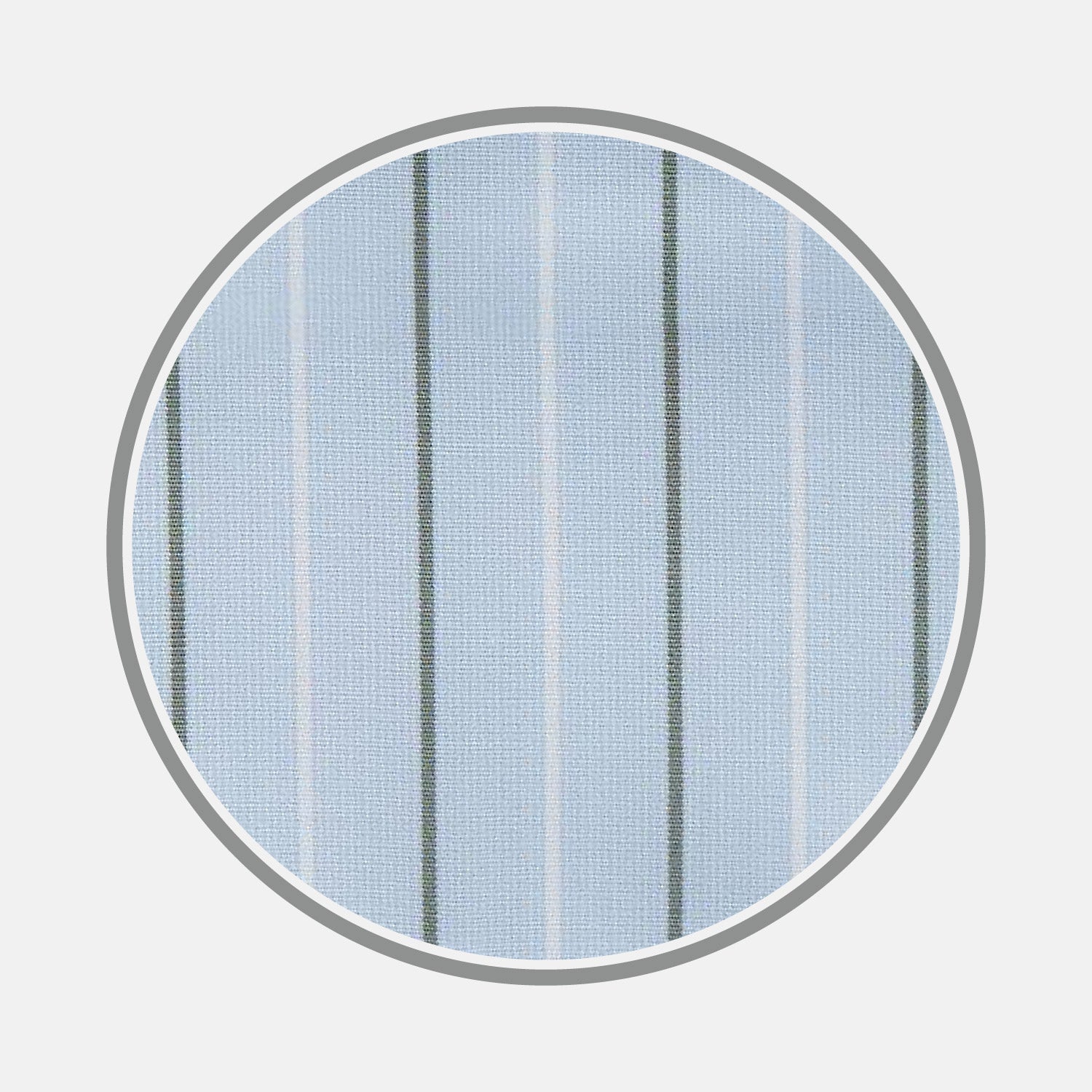 View 1 of product A close-up of Turnbull & Asser’s Green Stripe Cotton Fabric shows light blue material with evenly spaced white and dark gray vertical stripes, presented in a circular frame against a plain background.