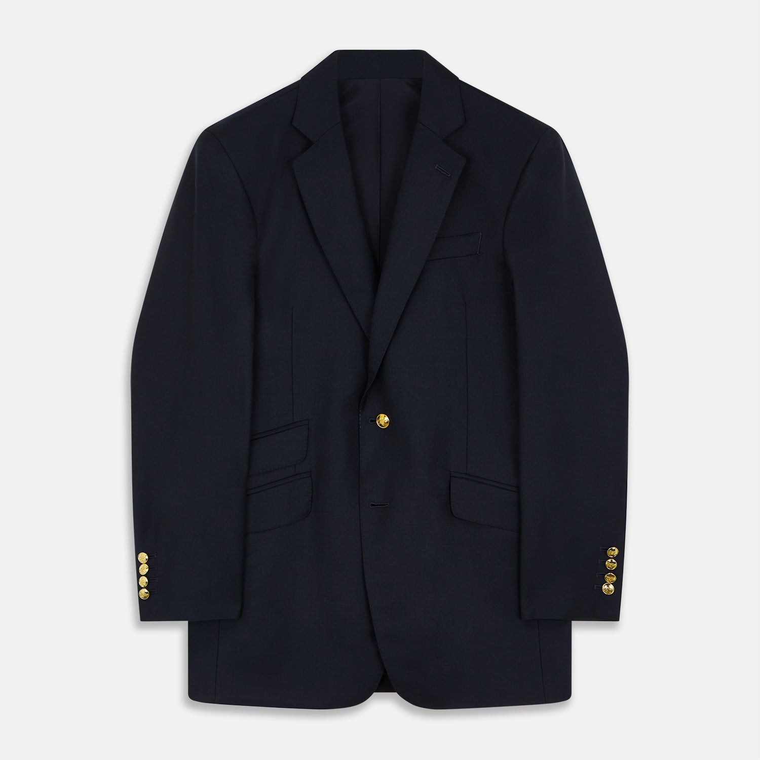 View 1 of product The Turnbull & Asser Navy Plain Wool Single Breasted Blazer features brass buttons on the front and cuffs, notched lapels, and multiple front pockets, shown laid flat against a white background.
