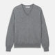 The Turnbull & Asser Flannel Grey V-Neck Cashmere Jumper, shown laid flat on a white background, features long sleeves and ribbed cuffs, hem, and neckline for a classic look with no visible patterns or embellishments.