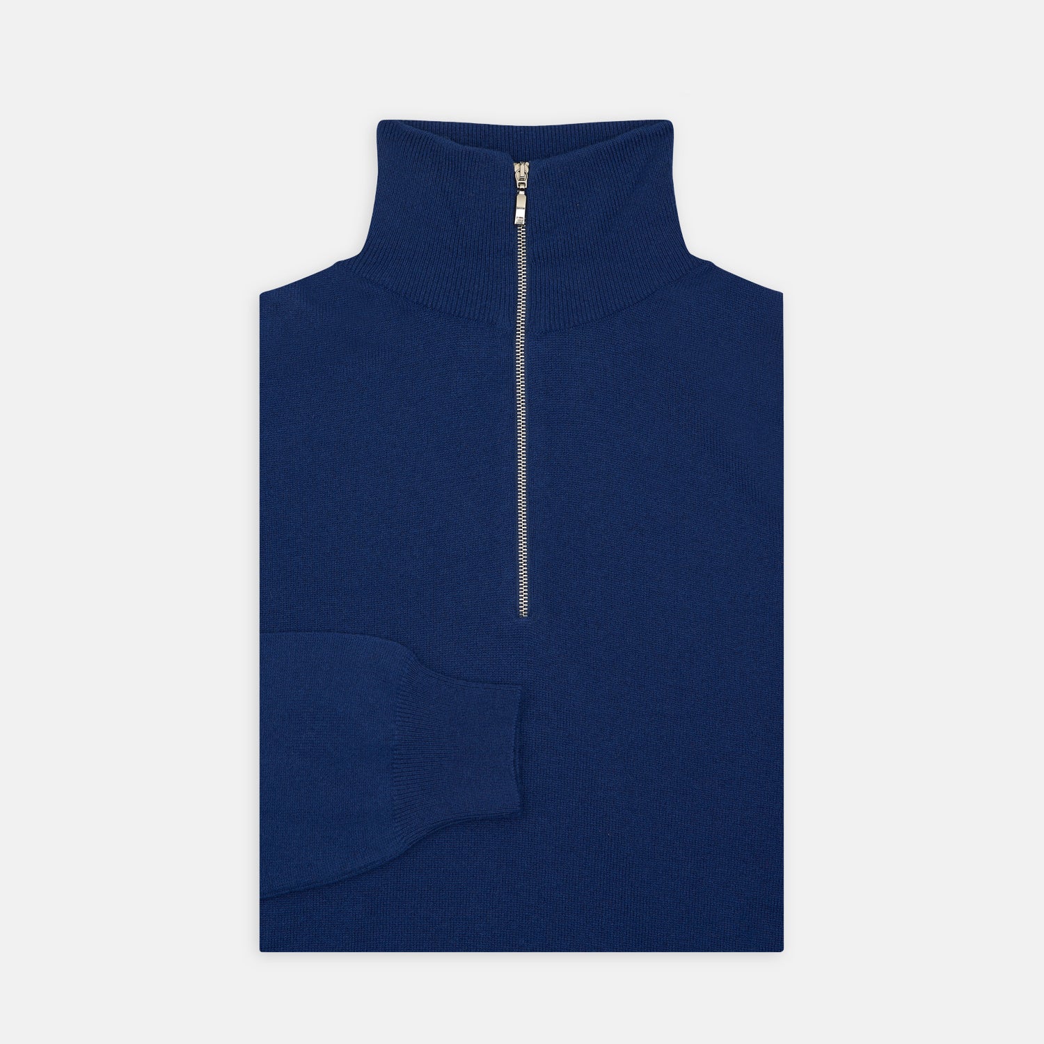 View 1 of product Turnbull & Asser’s Blue Half-Zip Cashmere Jumper with a high collar is neatly folded on a white background, its left sleeve partially tucked under—ideal for winter layering.